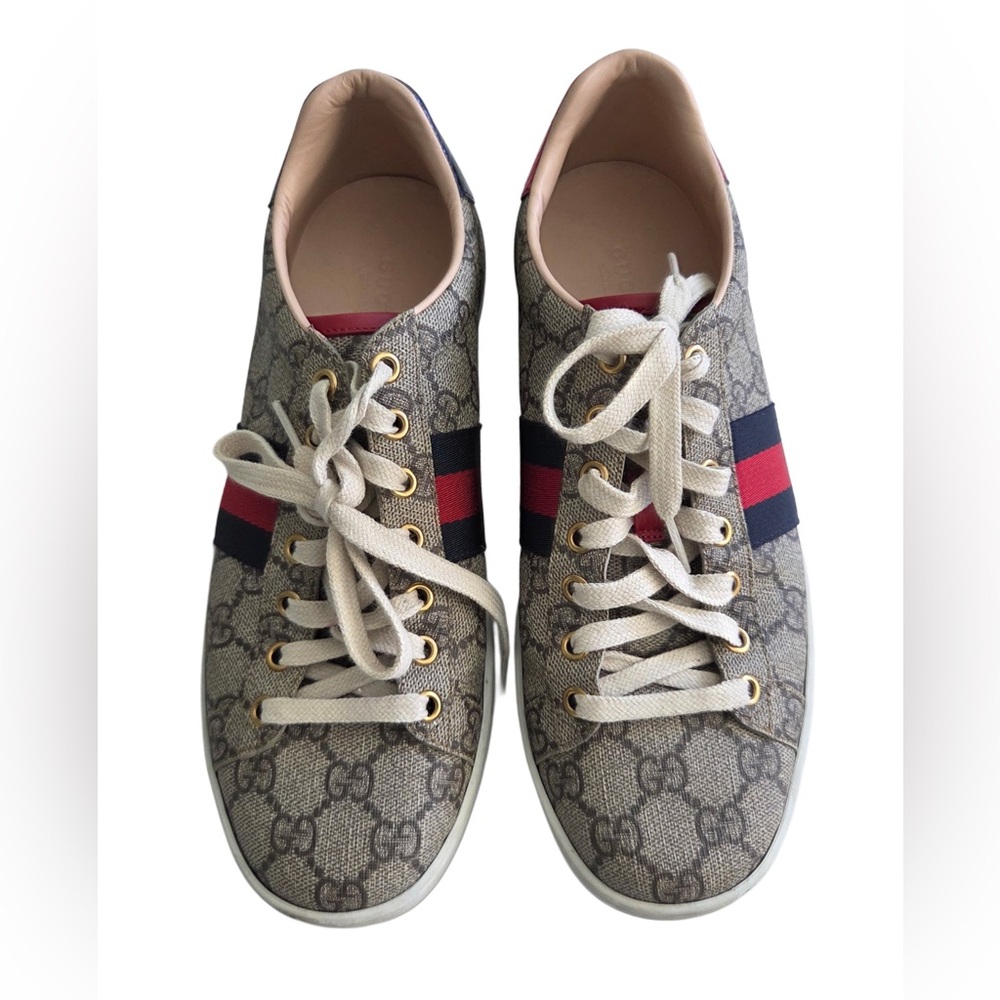 Gucci Beige Patterned Sneakers with Red and Navy Accents